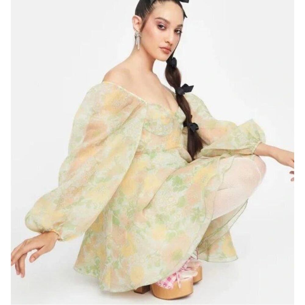 Selkie Pale Yellow & Mint Green Retro Floral Puff-Sleeve Mini Dress - Picture 11 of 12